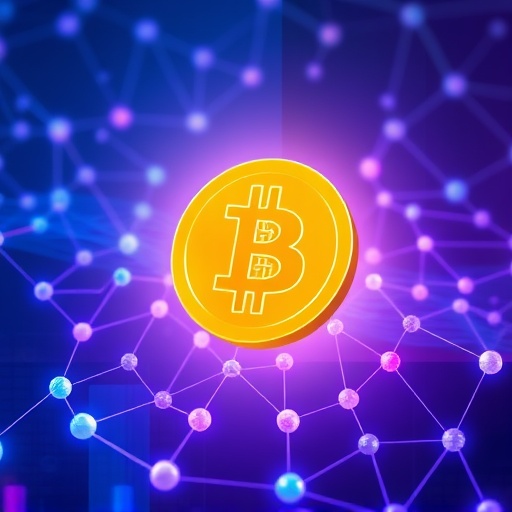 ビットコイン BTC とはを示すデジタルネットワークのイラスト