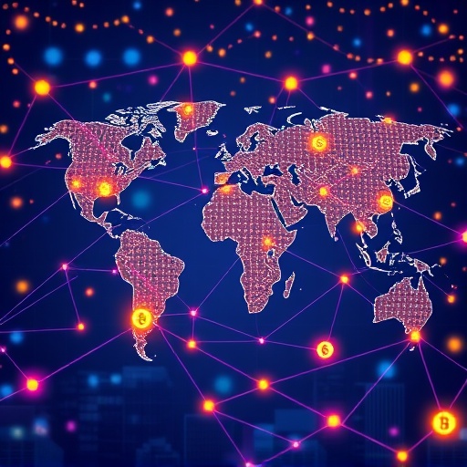 P2Pネットワークを通じて世界中で高速に処理されるブロックチェーン取引のイメージ